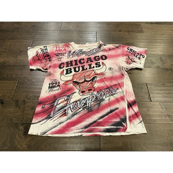 Vtg 90s Magic Johnson T’s Chicago Bulls All Over Print 1991 NBA Finals T-Shirt L - Picture 2 of 8